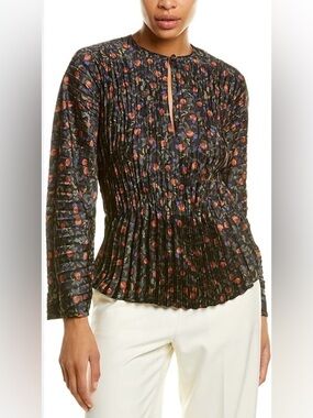 Vince FLORAL POMEGRANATE
PLEATED V-NECK LONG
SLEEVE BLOUSE Size XS